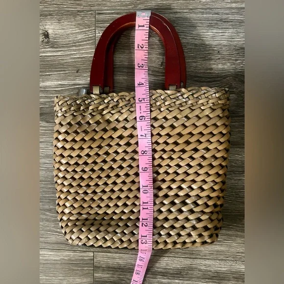 Fossil Vintage Brown  Woven Leather Purse Hand Bag With Wooden Handle Bohemian - Picture 10 of 10